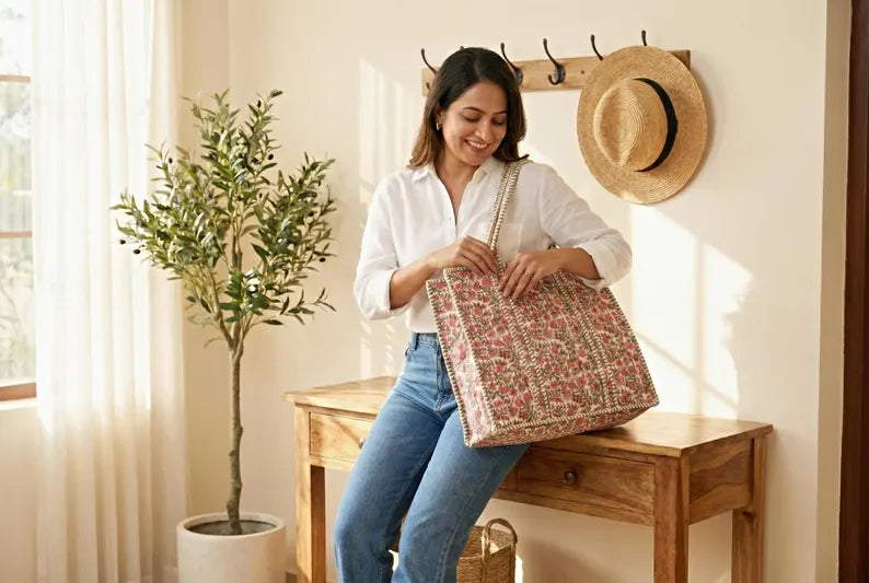 Handgemaakt Quilted Bloemen Katoenen Tote Bag met Groene Rand