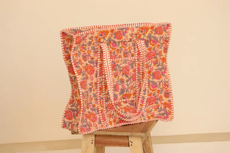 Boho Roze & Oranje Bloemen Quilted Katoenen Tote Bag