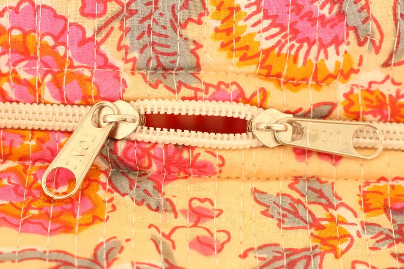 Boho Roze & Oranje Bloemen Quilted Katoenen Tote Bag