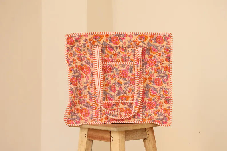Boho Roze & Oranje Bloemen Quilted Katoenen Tote Bag