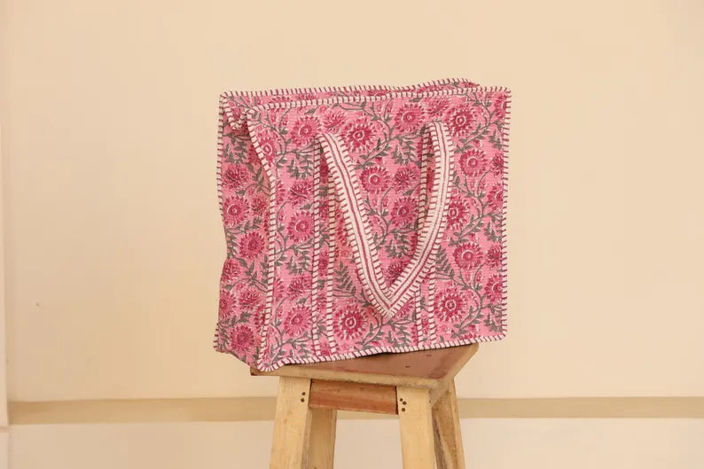 Handbedrukt Roze Quilted Katoenen Tote Bag