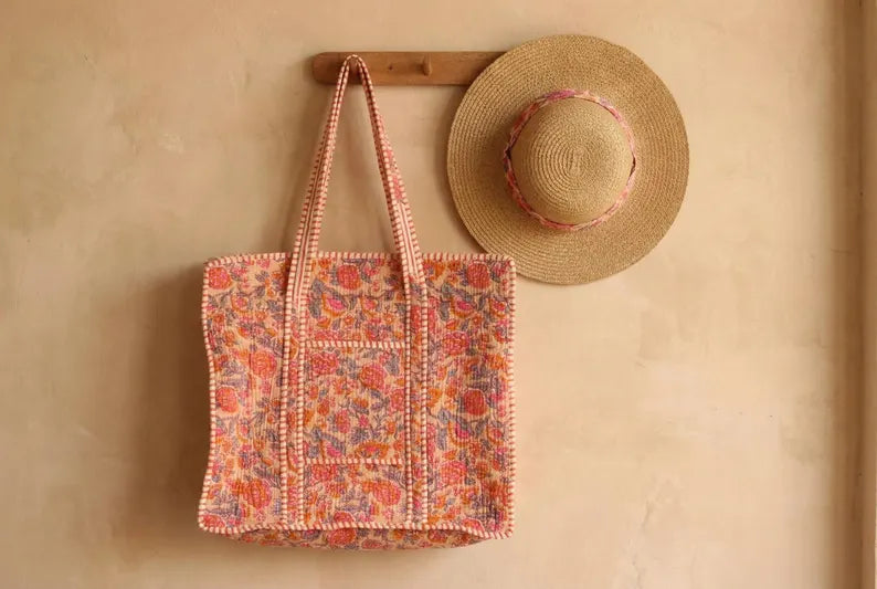 Boho Roze & Oranje Bloemen Quilted Katoenen Tote Bag