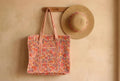 Boho Roze & Oranje Bloemen Quilted Katoenen Tote Bag