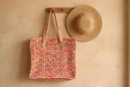 Boho Roze & Oranje Bloemen Quilted Katoenen Tote Bag
