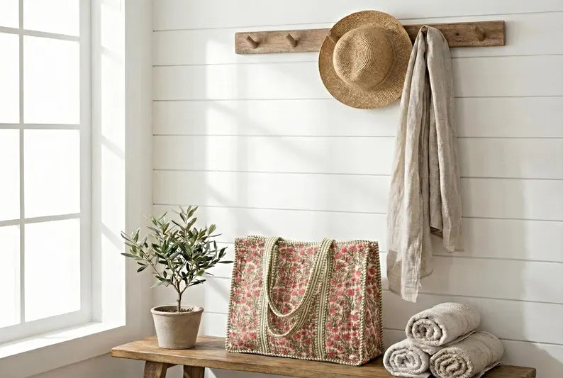 Handgemaakt Quilted Bloemen Katoenen Tote Bag met Groene Rand