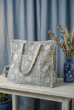 Blauwe Bloemen Quilted Katoenen Tote Bag