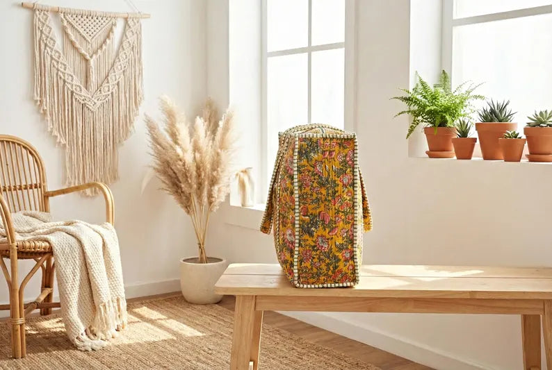 Mosterd Bloemen Quilted Katoenen Tote Bag