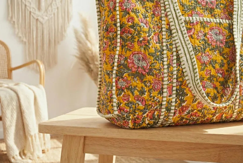 Mosterd Bloemen Quilted Katoenen Tote Bag