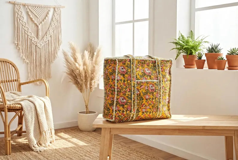 Mosterd Bloemen Quilted Katoenen Tote Bag